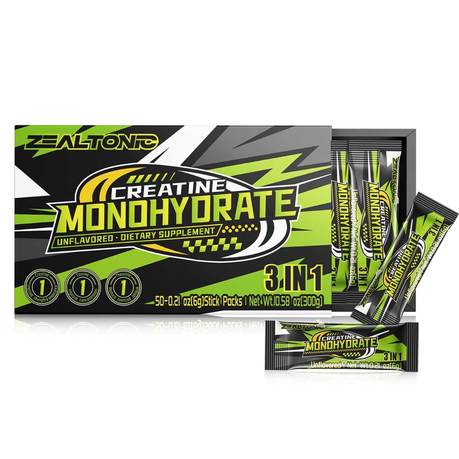 5000mg Micronized Creatine Monohydrate Powder Sticks, 800mg Taurine, 200mg L-The