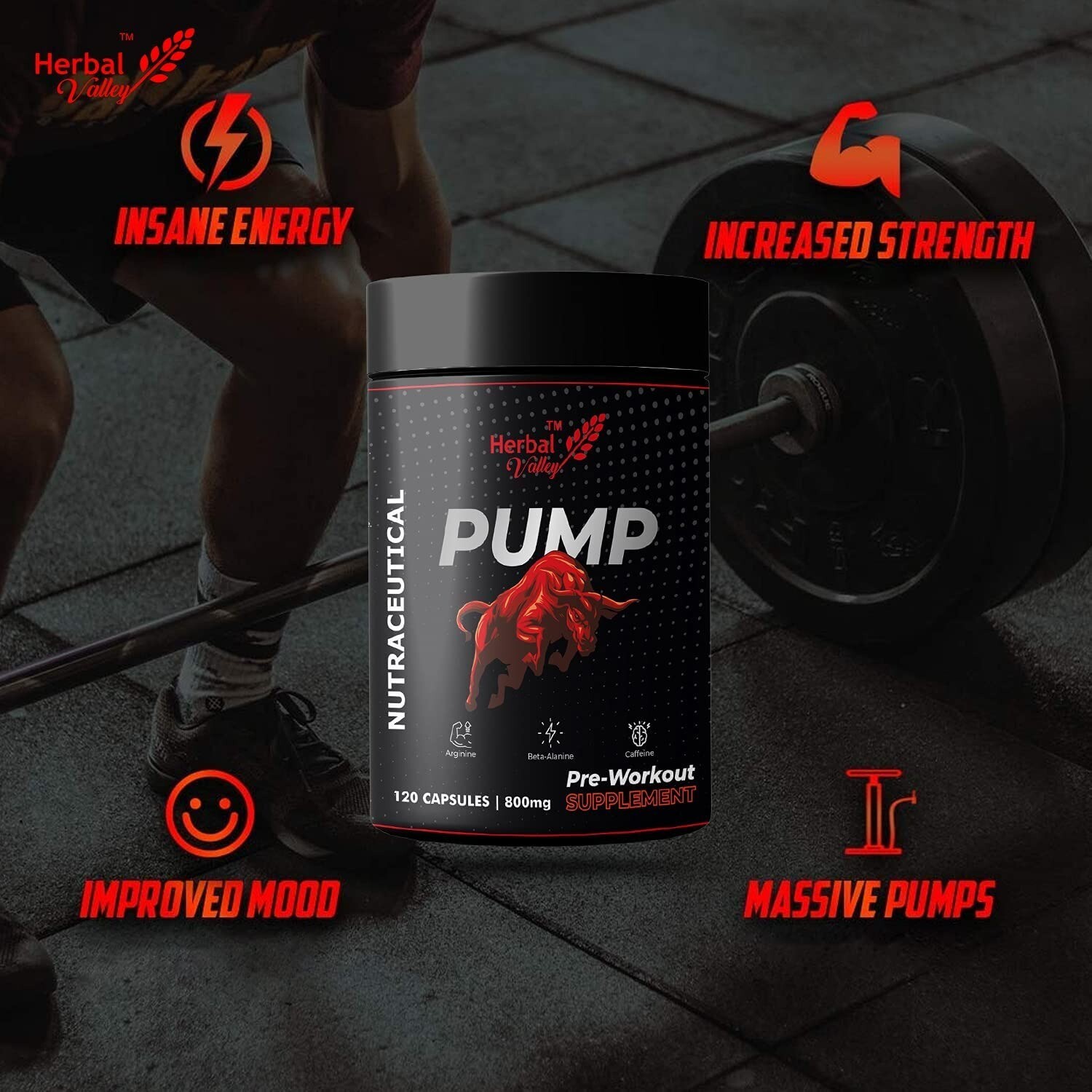 HerbalValley Pump Pre Workout Capsules 120 | 800MG Supplements