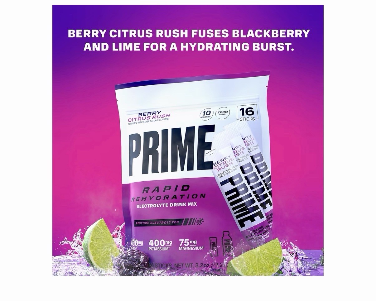 PRIME Electrolyte Hydration Powder Mix 16 Sticks Caffeine-Free Berry Citrus Rush