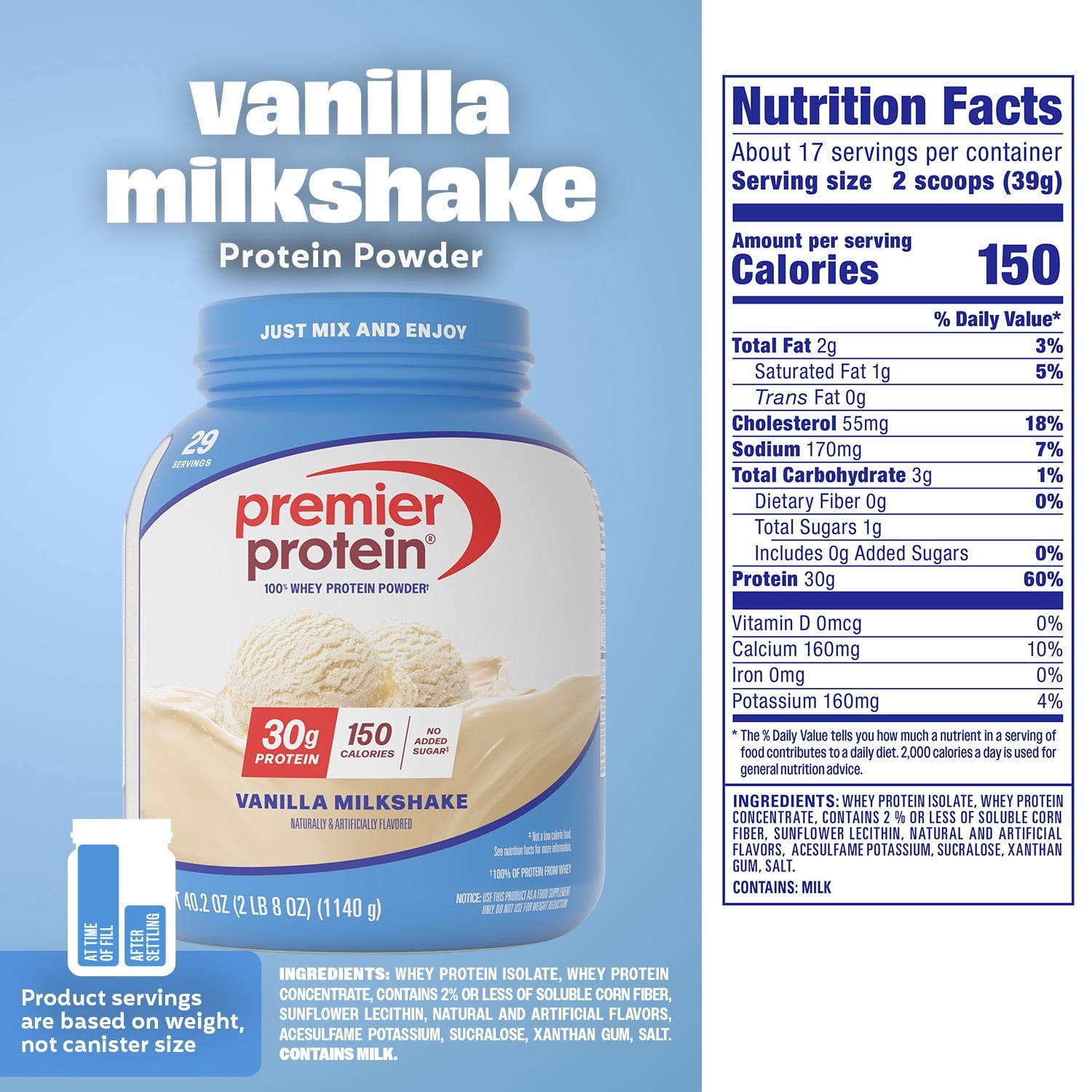 Premier Protein 100% Whey Protein Powder, Vanilla Milkshake, 30g Protein