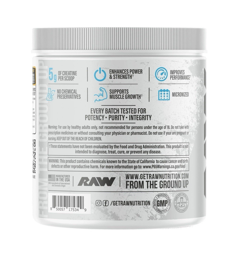 RAW Nutrition 100% Pure Creatine Monohydrate Powder 8.81 oz New Sealed