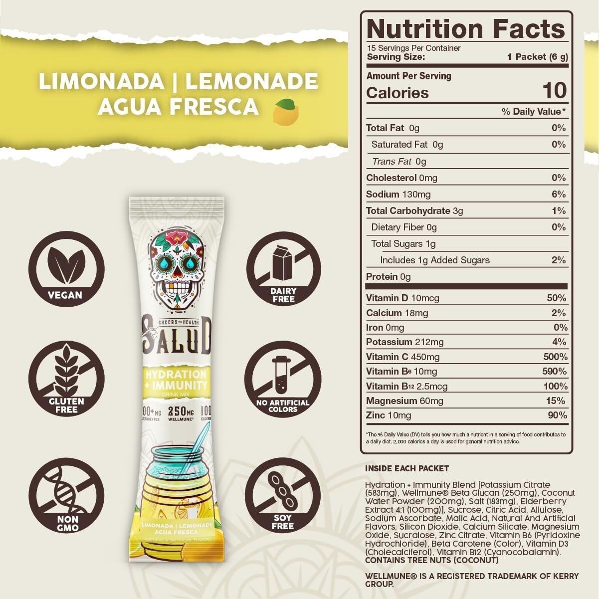 Salud 2-in-1 Hydration Packets: Lemonade Electrolyte Drink Mix with Elderberry