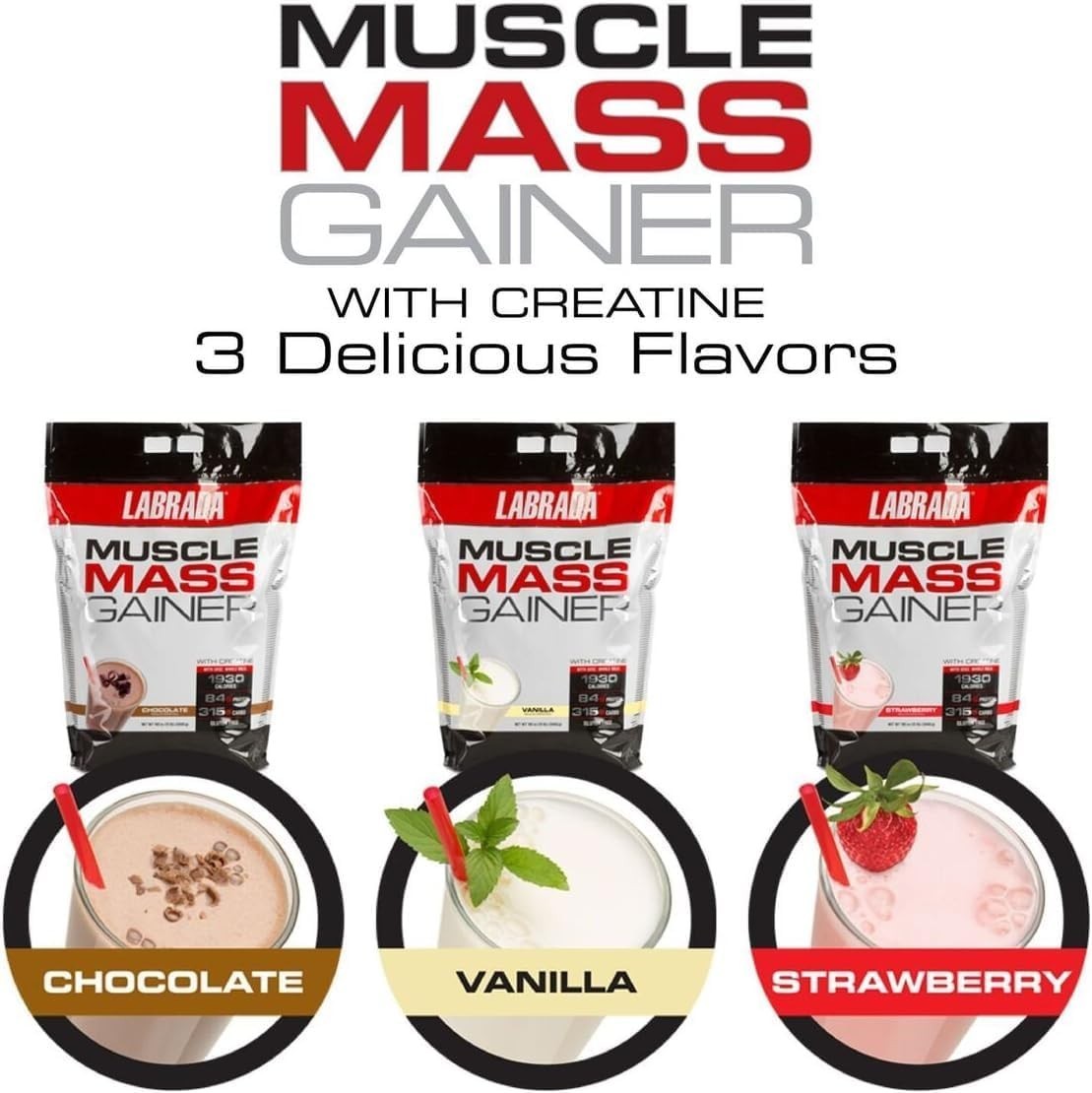 Labrada Muscle Mass Weight Gainer w/ Creatine 1930 Calories 12lb 3 Flavors New