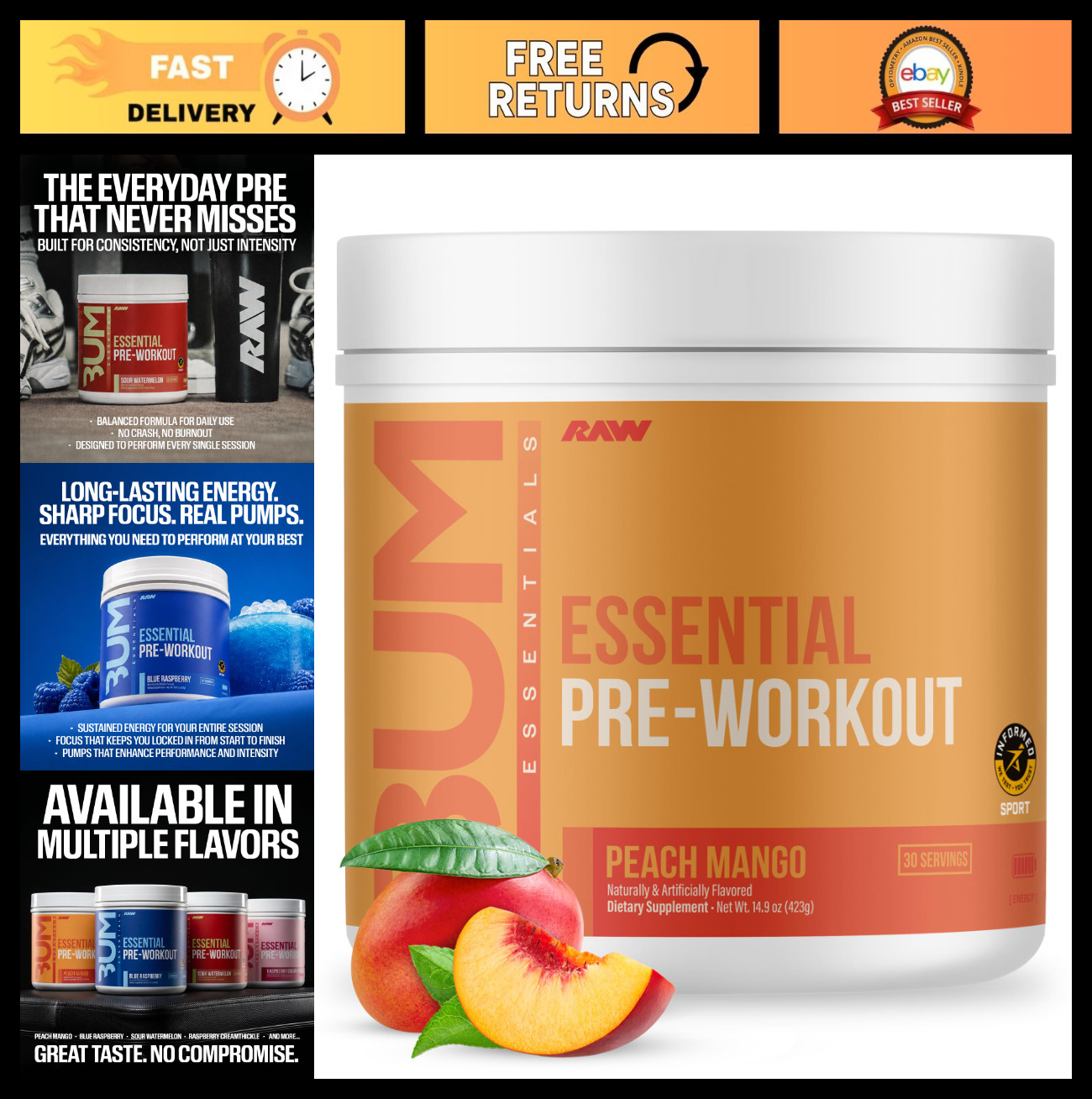 Essential Pre Workout Formula – Energy Powder for Men & Women, Peach Mango Flavo