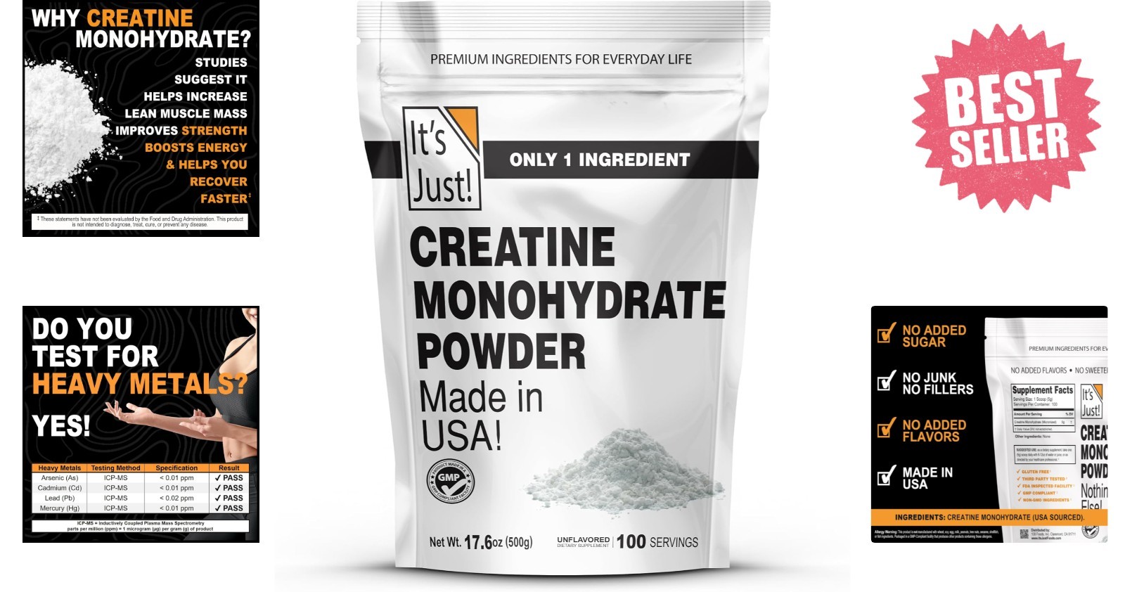 Pure Creatine Monohydrate Powder, 500g Unflavored, 5g Per Serving, Lab Tested