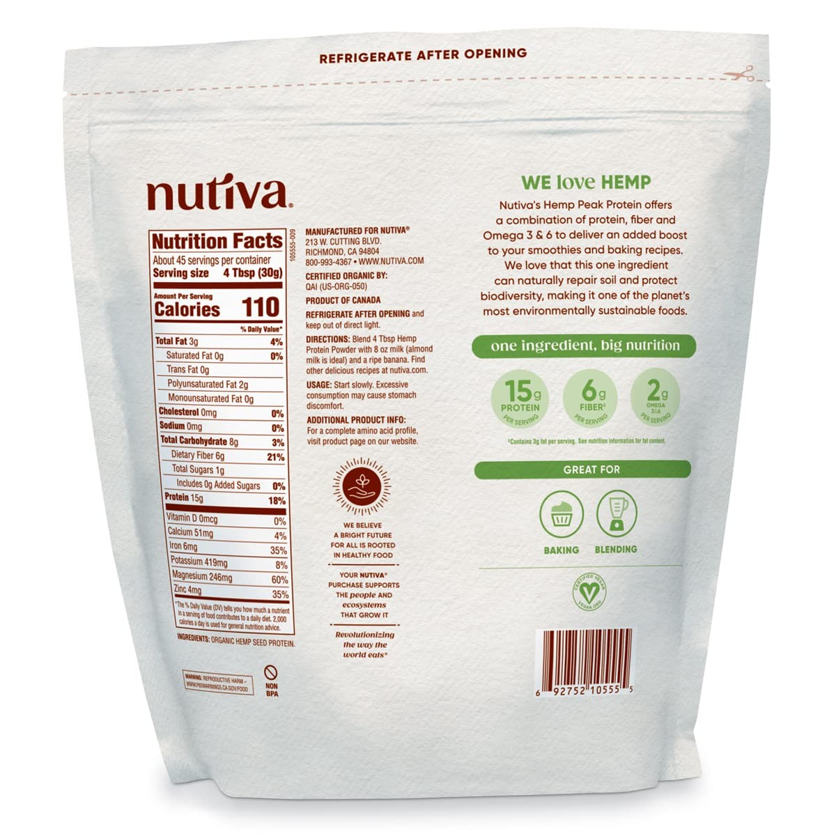 Nutiva Organic Raw Hemp Seed Protein Powder, 3 lb – Vegan, Keto, Gluten-Free