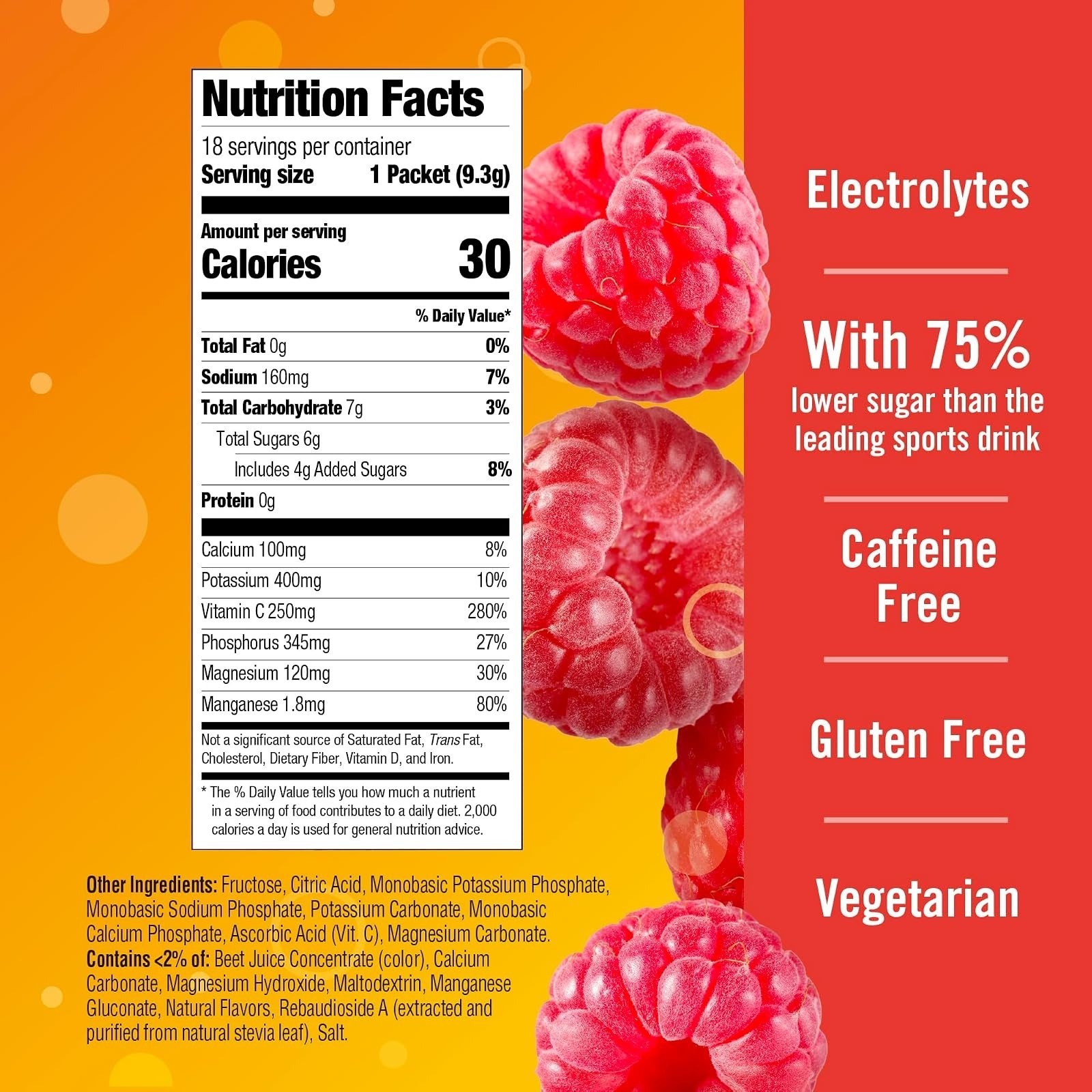 Emergen-C Hydration+ Vitamin C Sports Drink Mix, Raspberry, 18 Packets