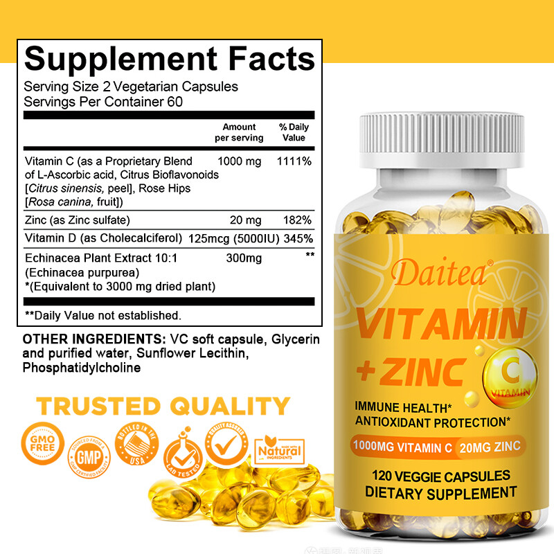 Vitamin C + Zinc – Immune Health, Antioxidant, Immunity 1000mg – Made in The USA