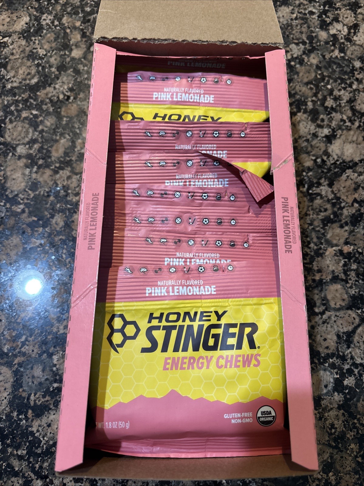 Honey Stinger Organic Pink Lemonade Energy Chew 12 Pack Gluten Free Exp 08/2026