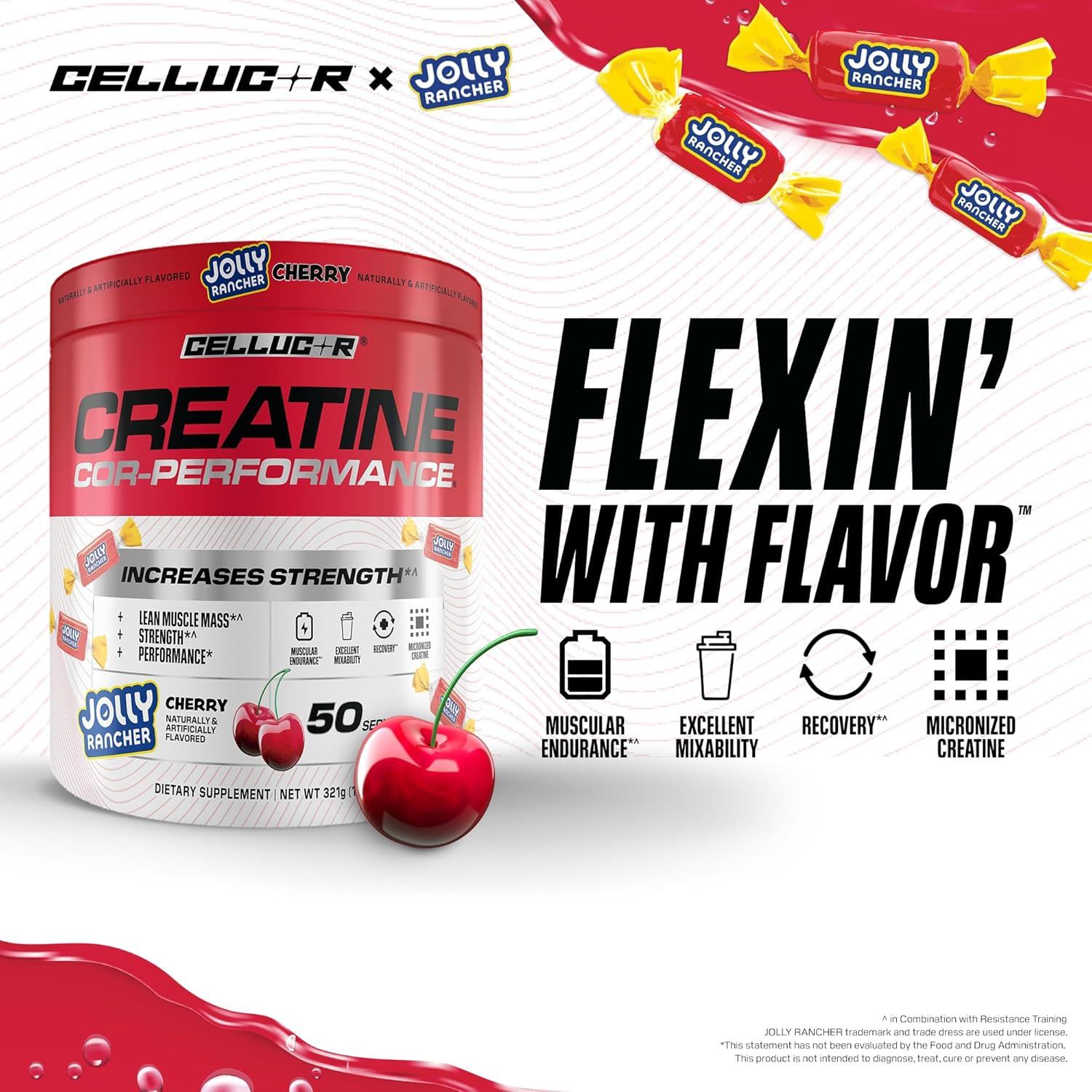 Creatine Powder, Jolly Rancher Cherry- Increases Strength, Lean Muscle Mass & En