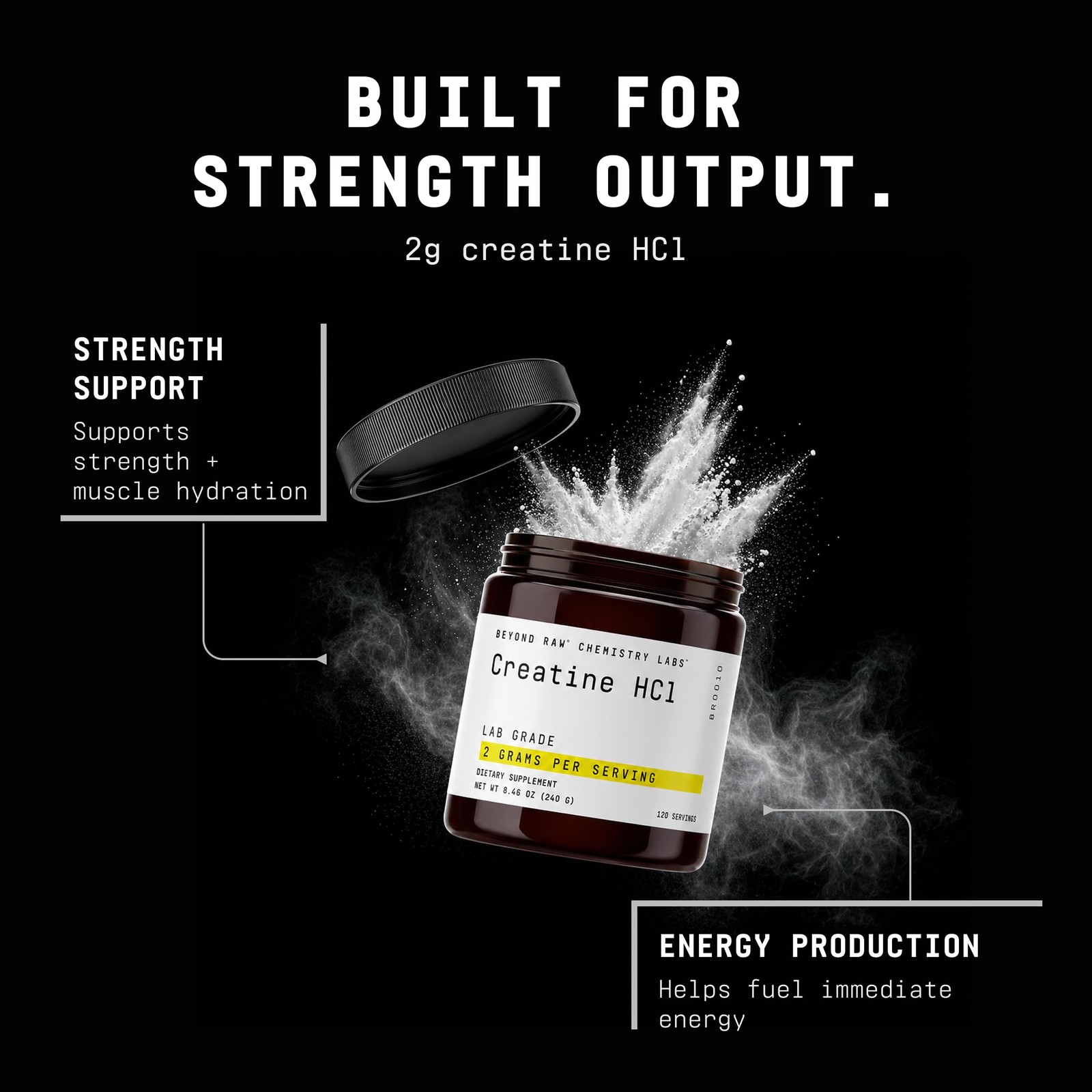 BEYOND RAW Science-Backed Creatine HCl Powder, Lab Grade, for 120 Servings