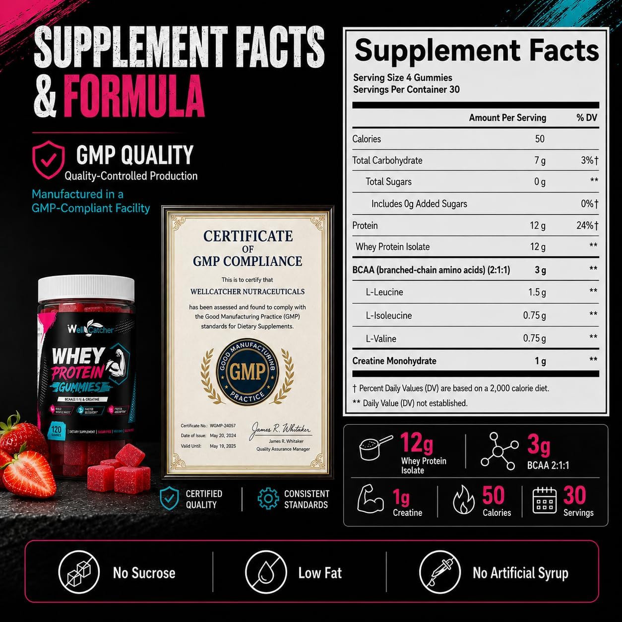 Whey Protein Gummies with BCAA & Creatine, Sugar Free Pectin Protein Gummies for