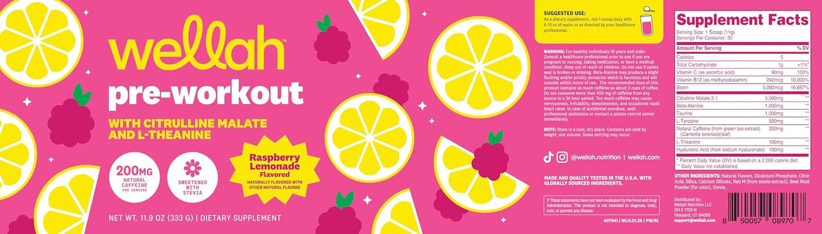 Pre-Workout Drink Mix (Raspberry Lemonade Flavored, 30 Servings) – with Citrulli