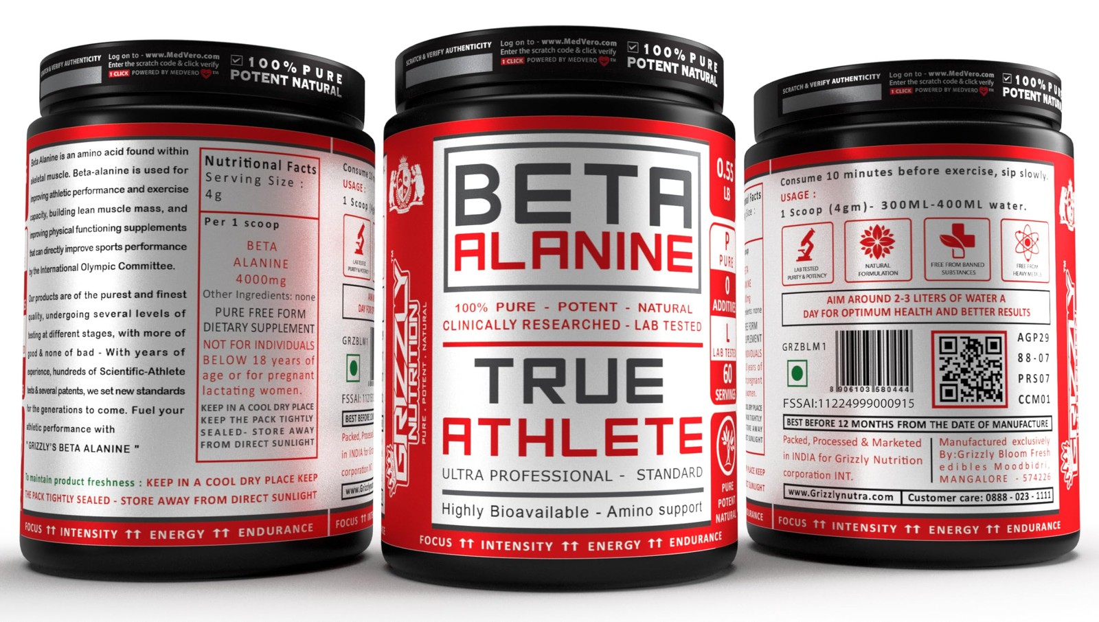 Grizzly Nutrition Pure Beta-Alanine 250g – No Flavor, 60 Servings, Amino Support