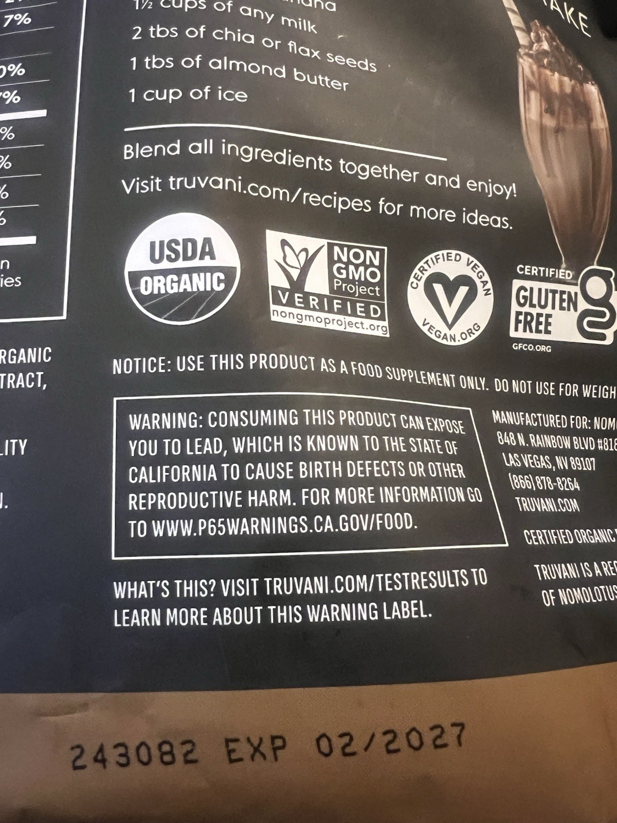Truvani Plant Based ORGANIC Pea Protein- XL BAG 1.48LBS Chocolate EXP 02/2027