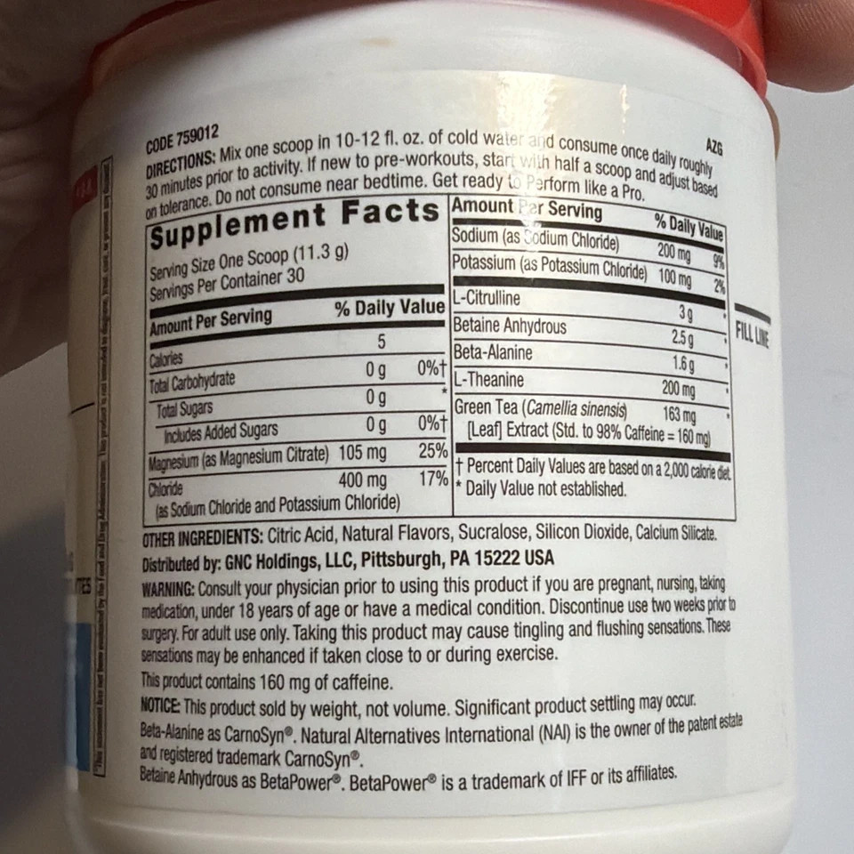 GNC Pro Pre-Workout Blue Raspberry 30 Servings Natural Caffeine 160mg -FREE SHIP