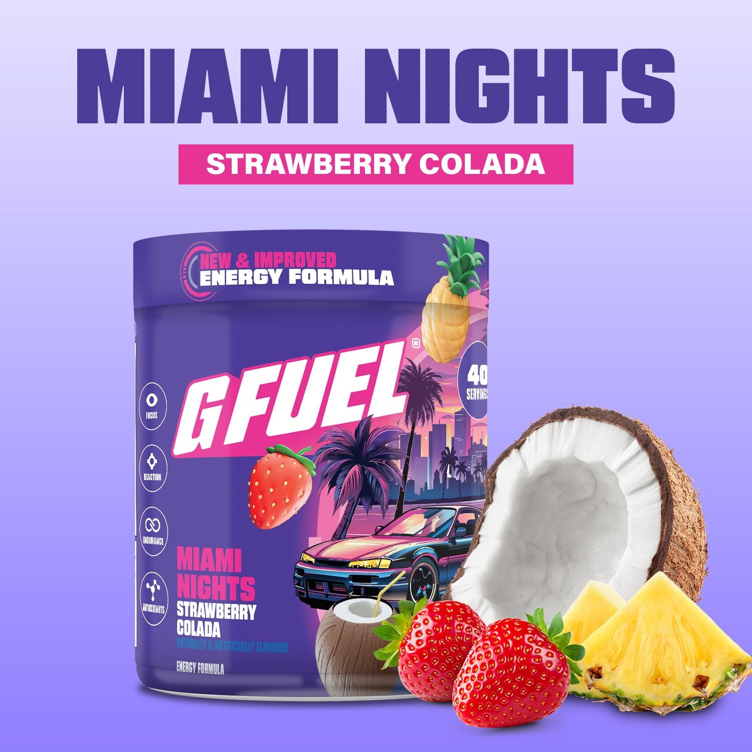 Energy Drink Powder 9.8oz Sugar Free Gaming Focus G Fuel Miami Nights Workout