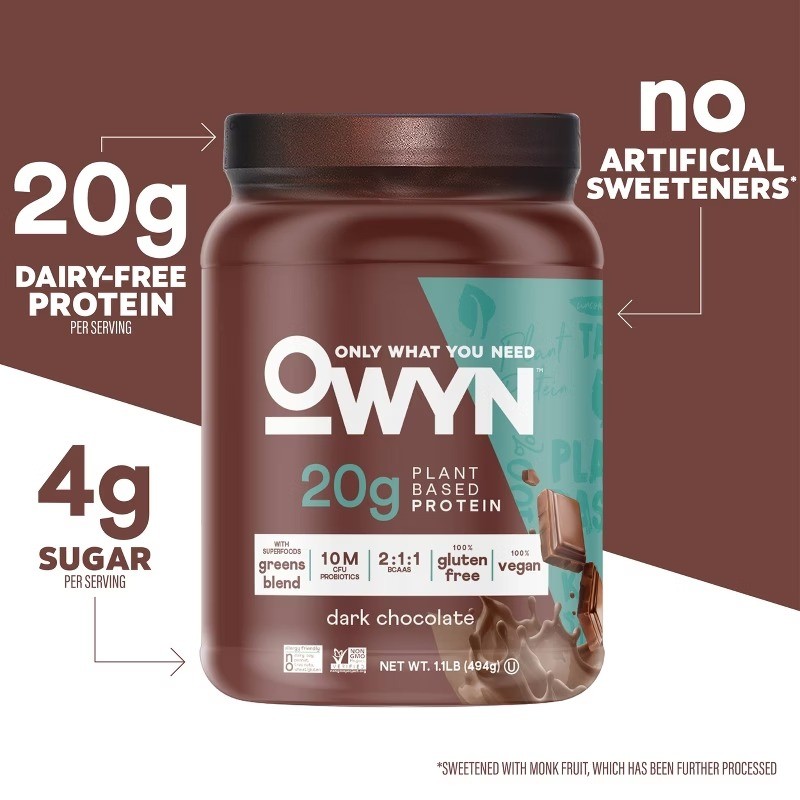 OWYN Dark Chocolate Protein Powder, 1.1lb – 20g Vegan Pea Protein