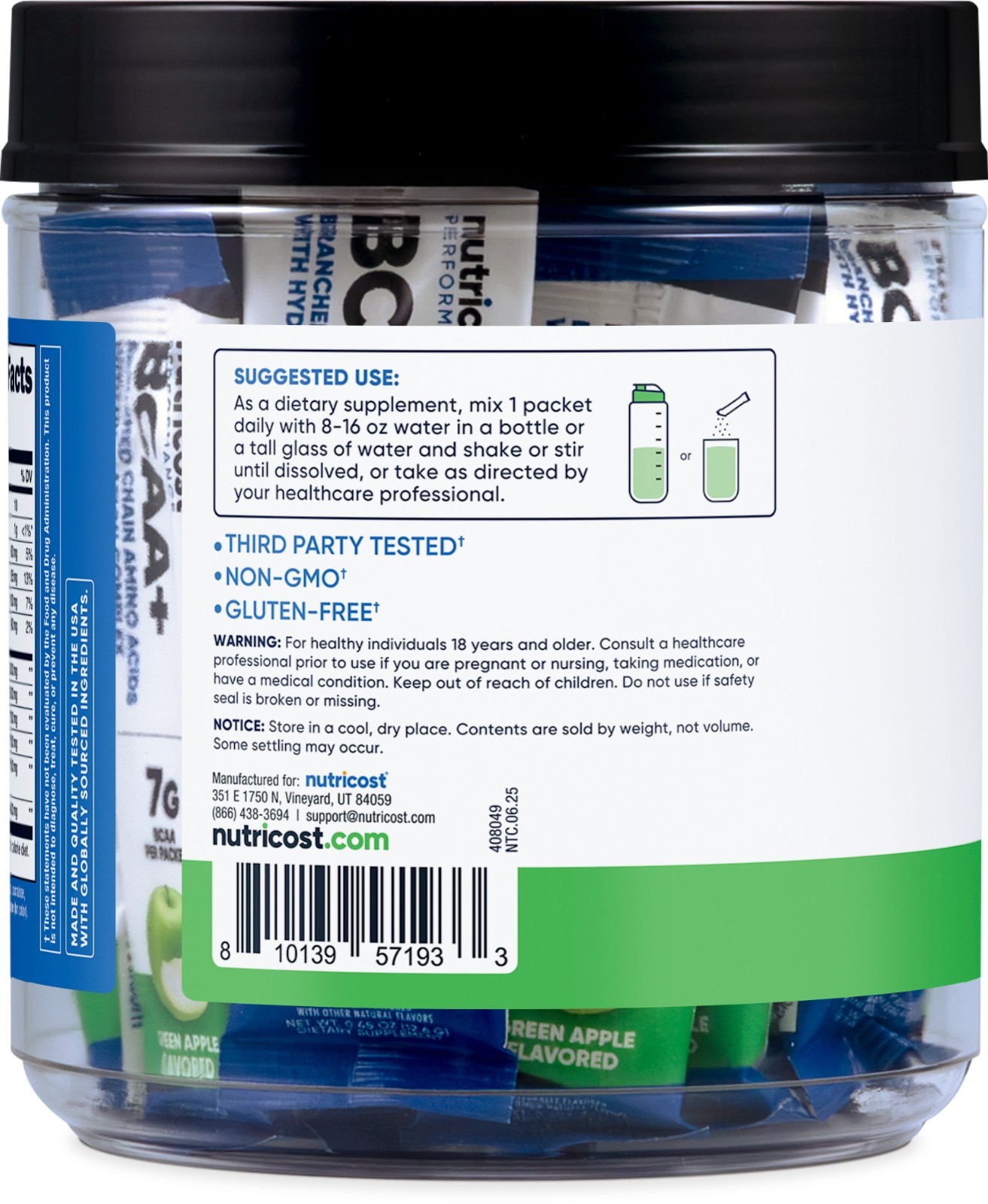 Nutricost BCAA+ Hydration Green Apple Flavored (20 Stickpacks) – Gluten-Free