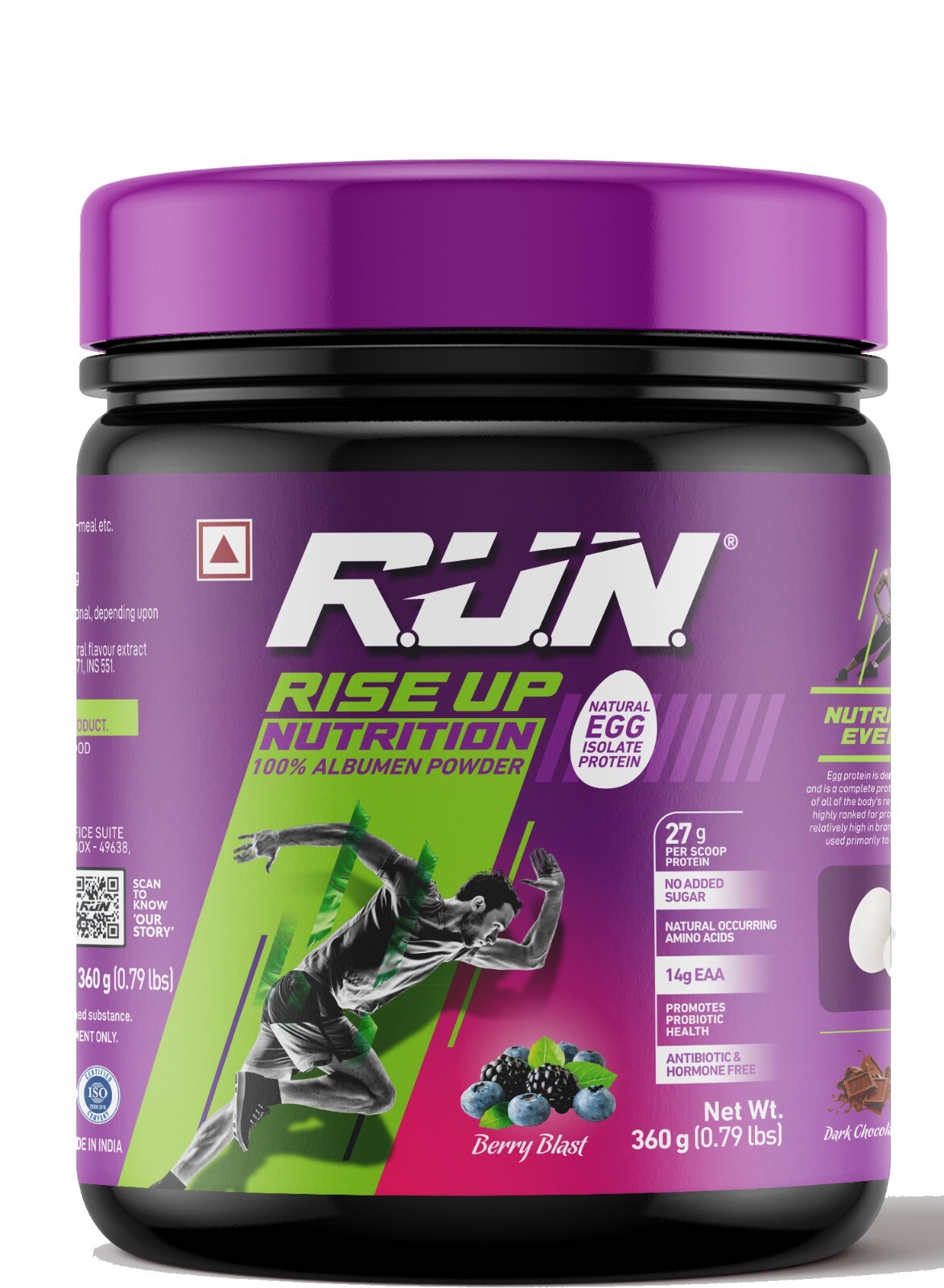 RUN Natural Egg White Protein Powder, 27g Protein, Lactose Free, 0.80 lbs/360 g
