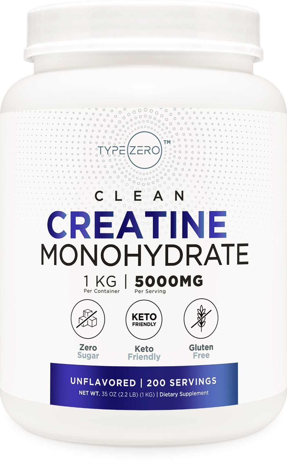 Type Zero Creatine Monohydrate (Unflavored | 1KG), 5000 mg Per Serving