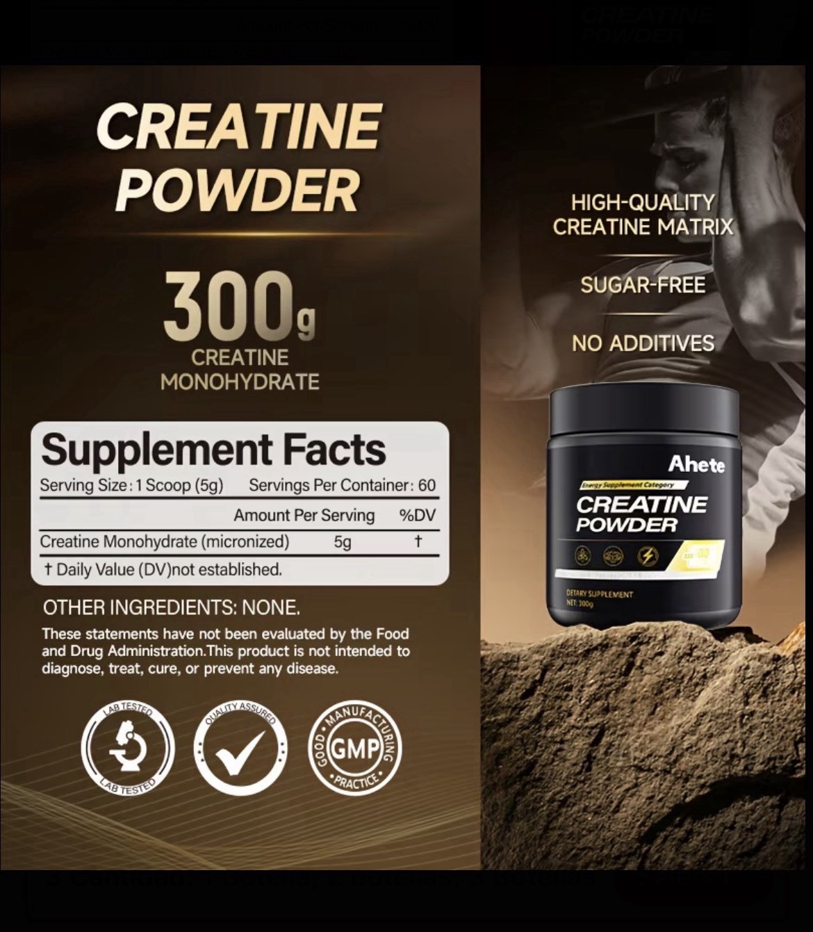 Ahete Creatine Monohydrate Powder 300g Sugar-Free Premium Purity No Additives