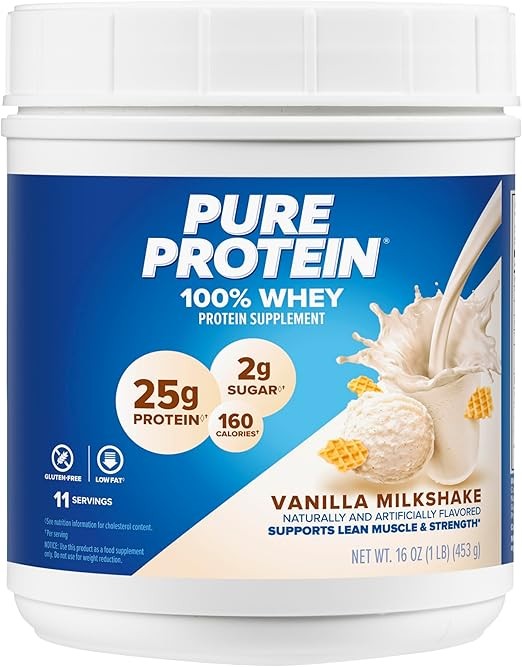 Pure Protein Whey Protein Powder Vanilla Cream Low Sugar Gluten Free 1lb Tub
