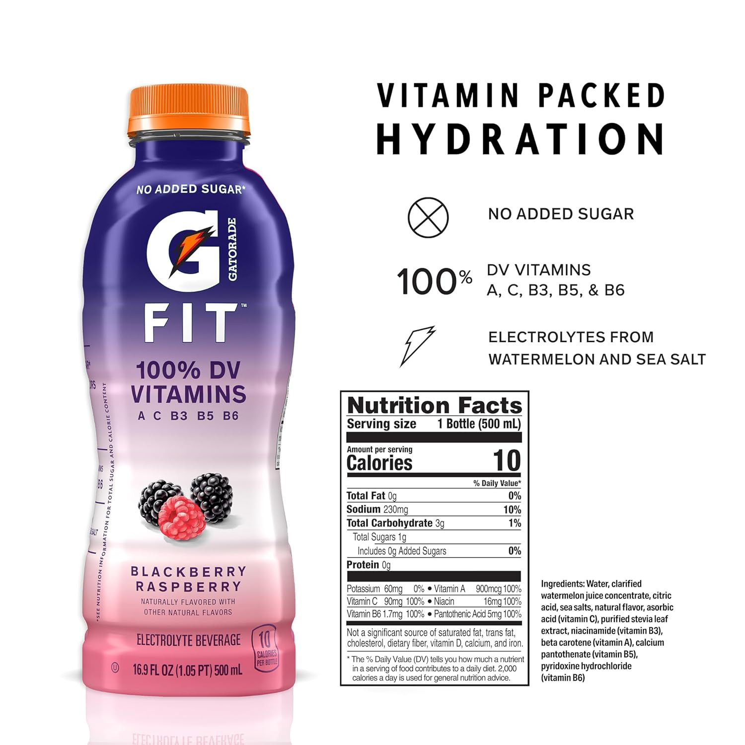 Gatorade Fit Electrolyte Beverage, Blackberry Raspberry, 12 Pack 16.9oz Bottles