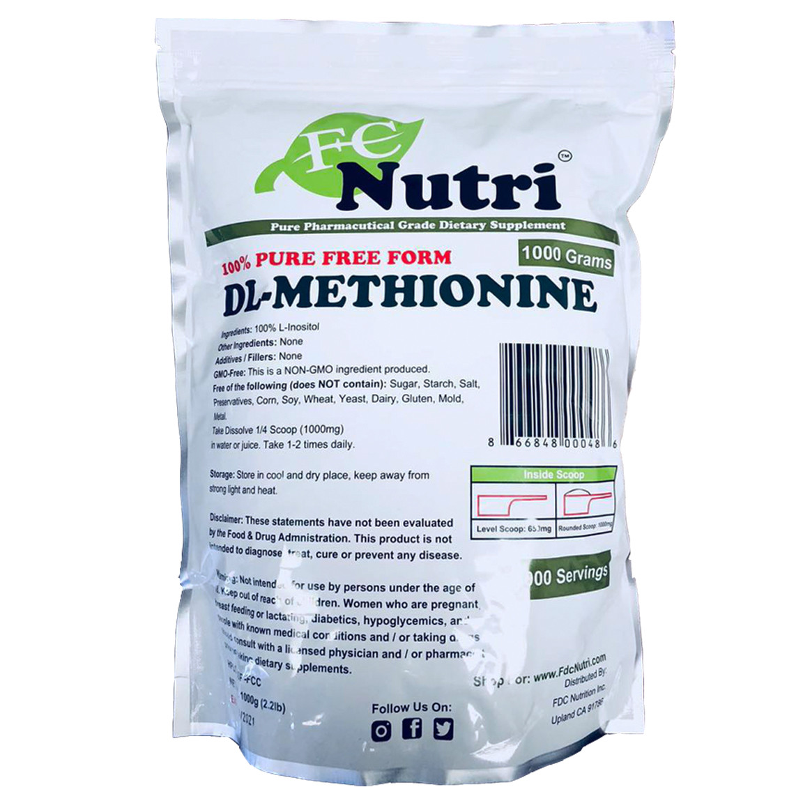 DL-Methionine Powder 100%pure Two 2.2lbs (2000 grams total) By FDCNutri