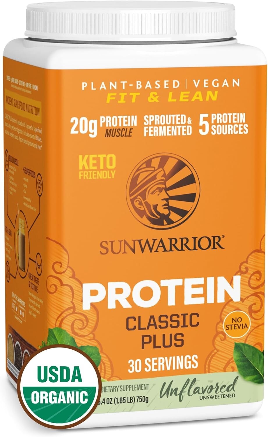 Sunwarrior Classic Plus Vegan Protein Powder Peas Brown Rice Raw Organic 1.7 lbs