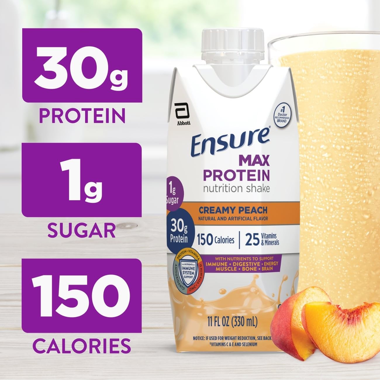Ensure Max Protein Creamy Peach Nutrition 30G Protein 1G Sugar 4G Fiber 12 Pack