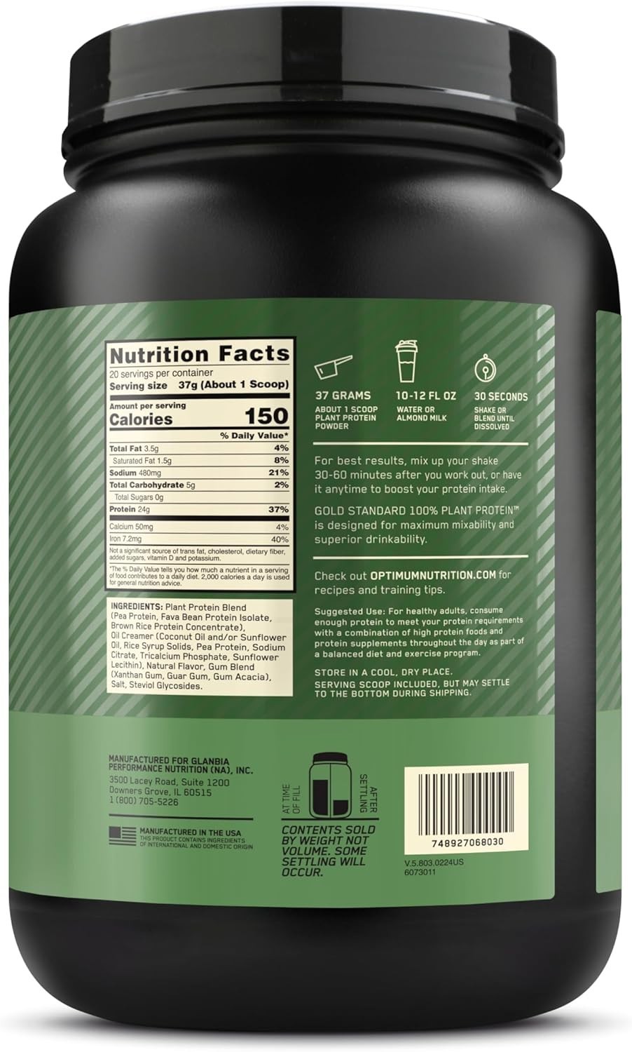 New Optimum Nutrition Gold Standard 100% Plant Based Vegan Protein Gluten Free