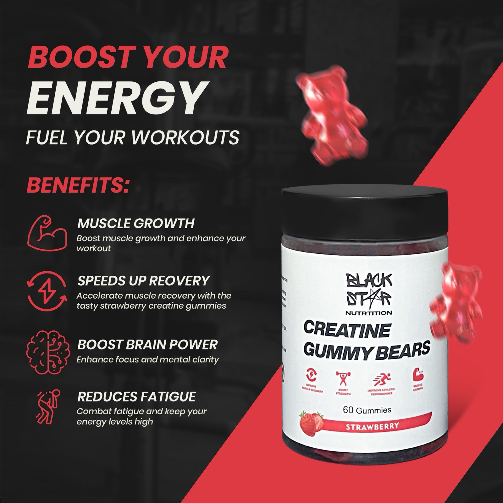 Blackstar Creatine Gummies, Creatine Monohydrate for Muscle Gain, 5g Dose