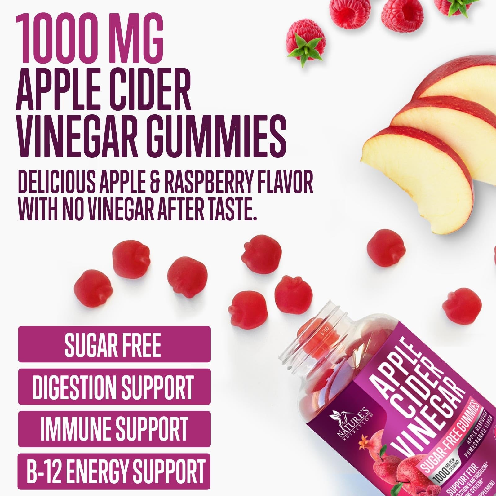 Apple Cider Vinegar Gummies 1000mg per Serving – Sugar 120 Count (Pack of 1)