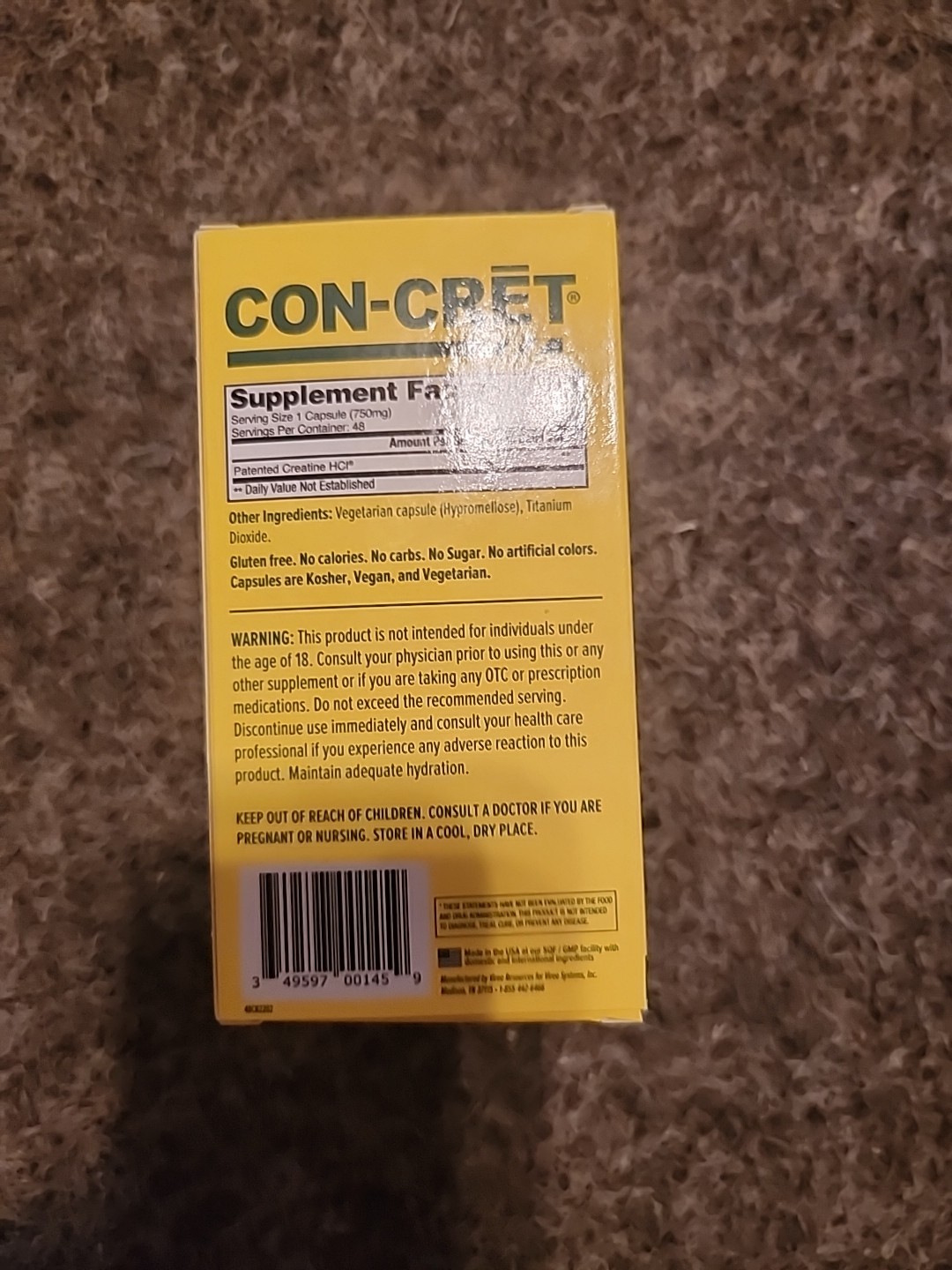 Con-Cret Concentrated Pure Creatine HCI• 48 Capsules• Expires 08/2026