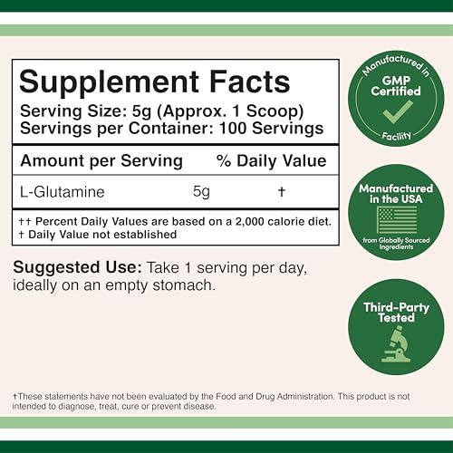 L Glutamine Powder 1.1lbs (100 Servings of 5 Grams Each – Third Party Tested for