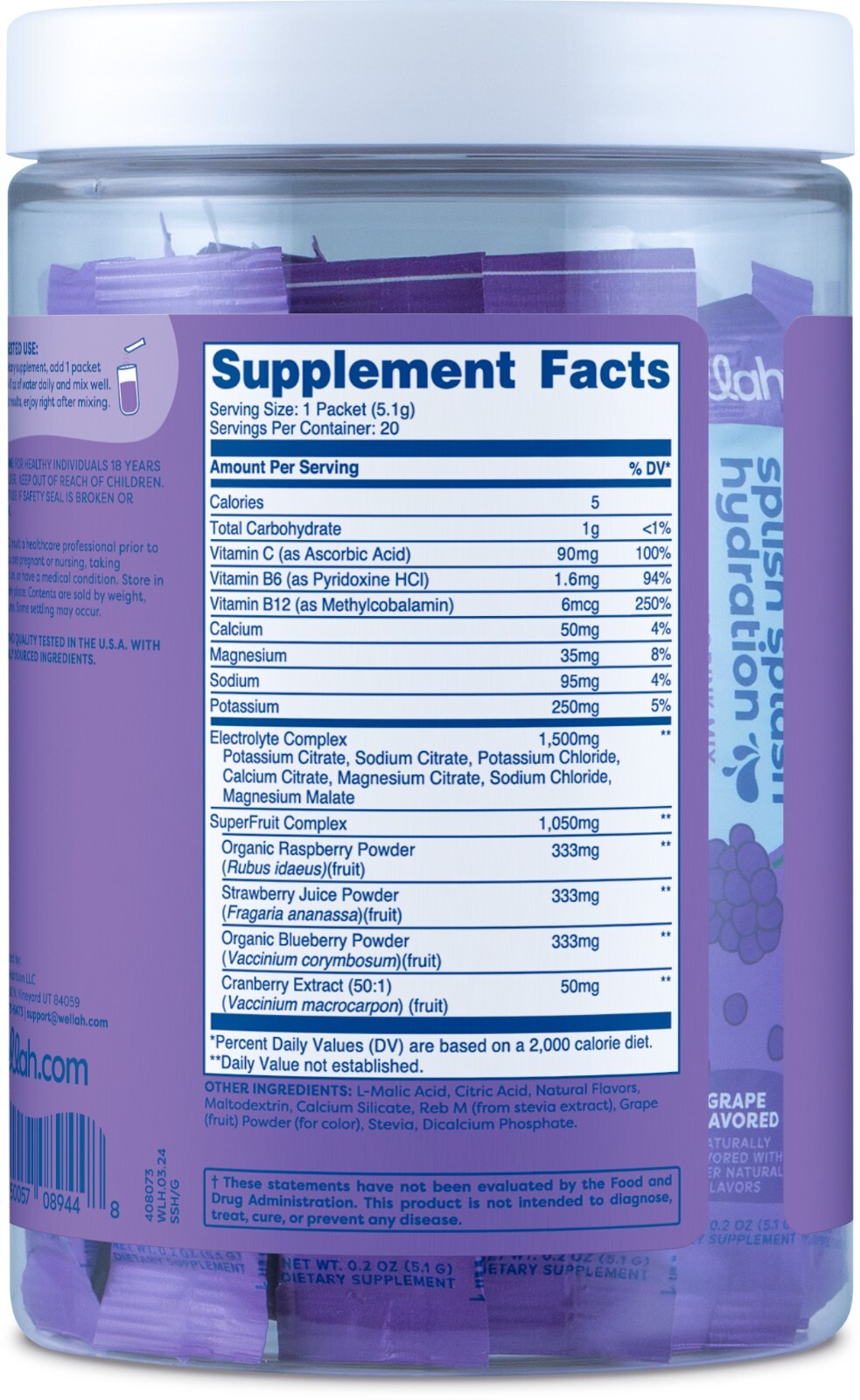 Wellah Splish Splash Hydration (Grape) 20 Stick Packs – Electrolyte complex