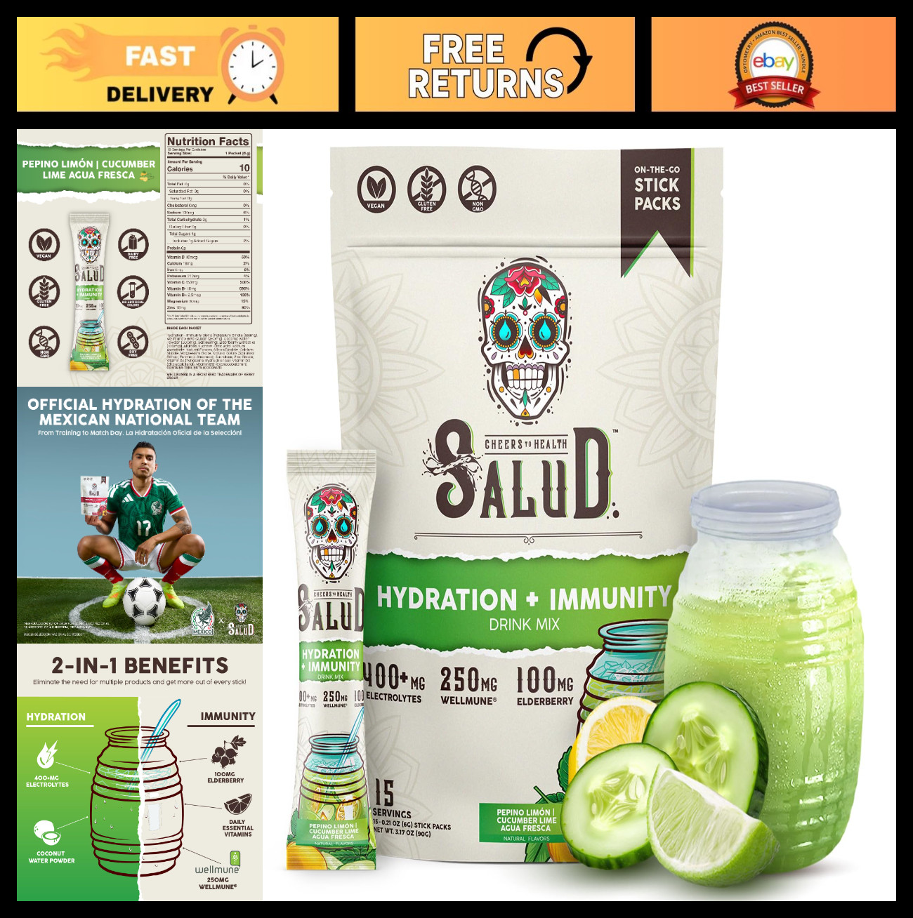 2-in-1 Hydration & Immunity Drink Mix, Cucumber Lime | Electrolyte Powder, Vegan