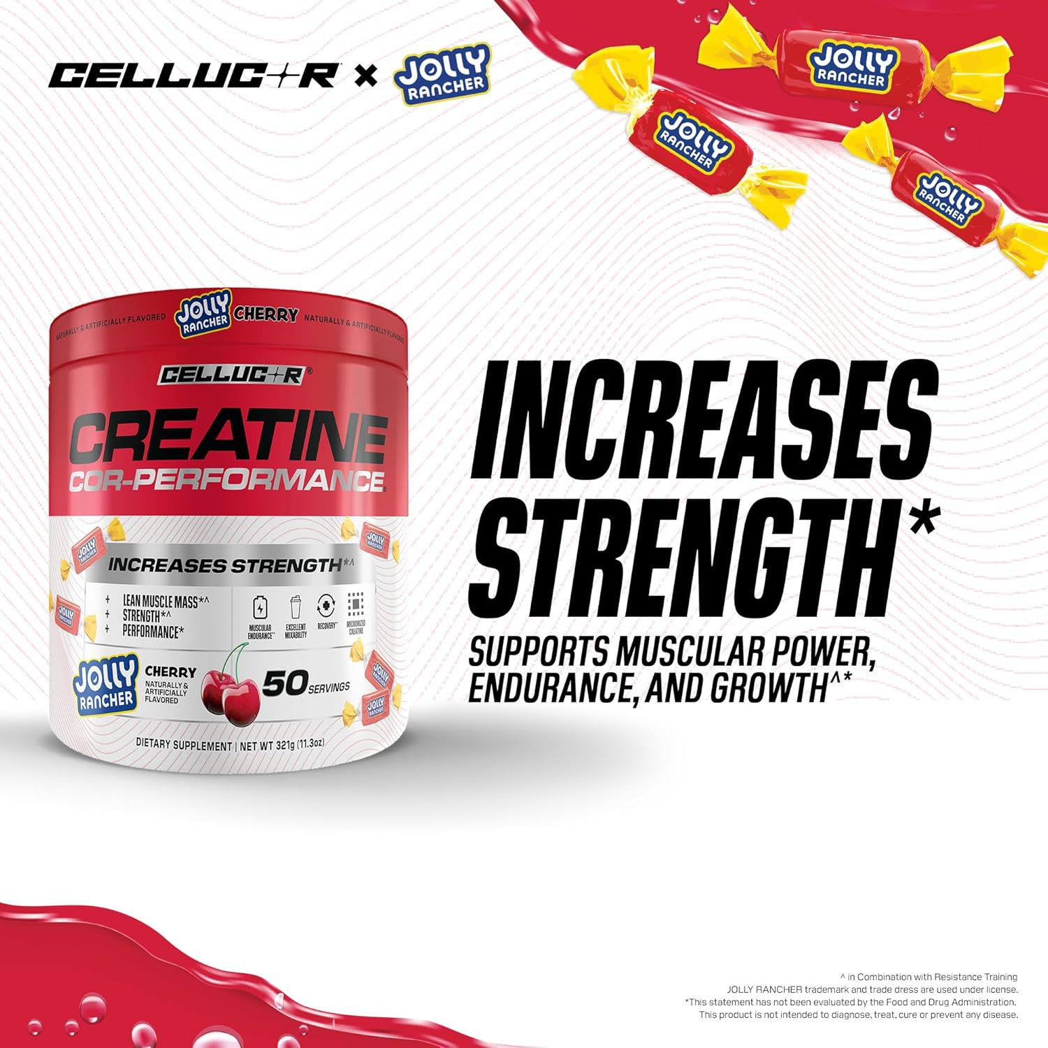 Creatine Powder, Jolly Rancher Cherry- Increases Strength, Lean Muscle Mass & En