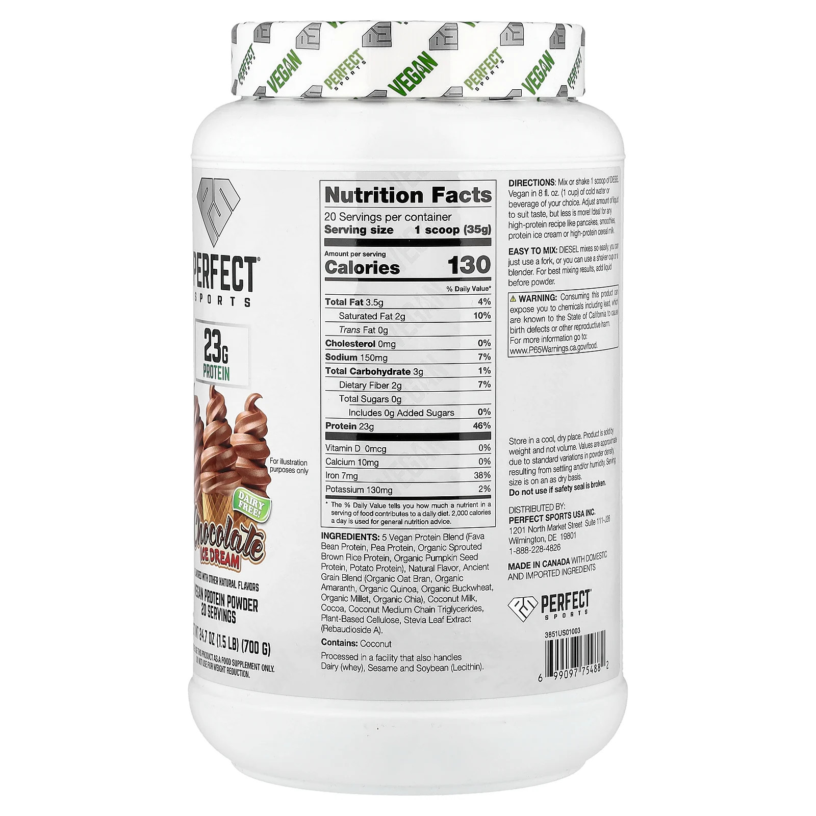 Vegan Diesel, 100% Plant-Based Protein Blend, Chocolate Ice Dream, 1.5 lb (700