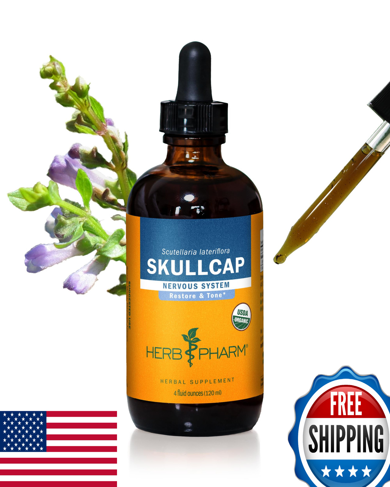 Herb Pharm Certified Organic Skullcap Liquid Extract Nervous System Support 4oz