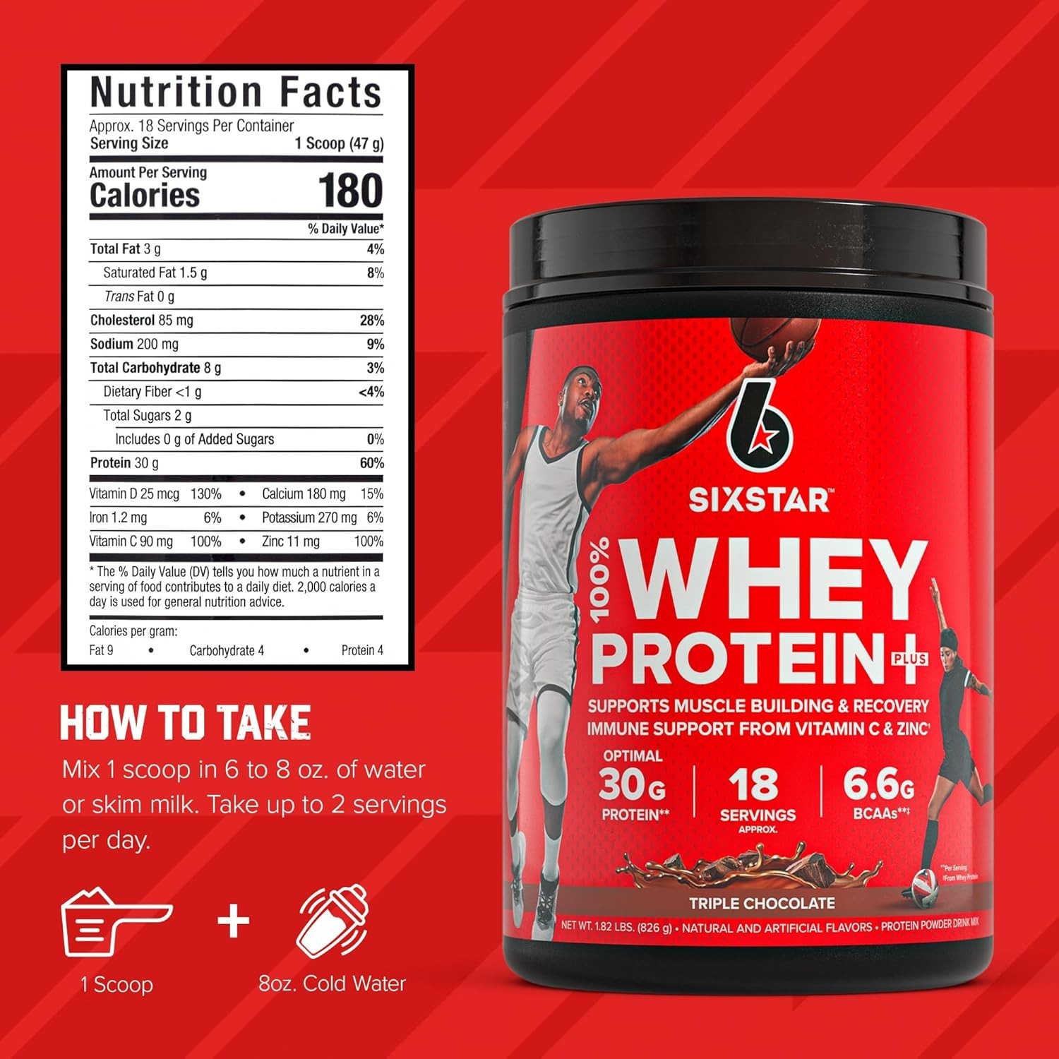 30g Per Serving Whey Protein Powder Plus – Triple Chocolate Flavor, Gluten-Free