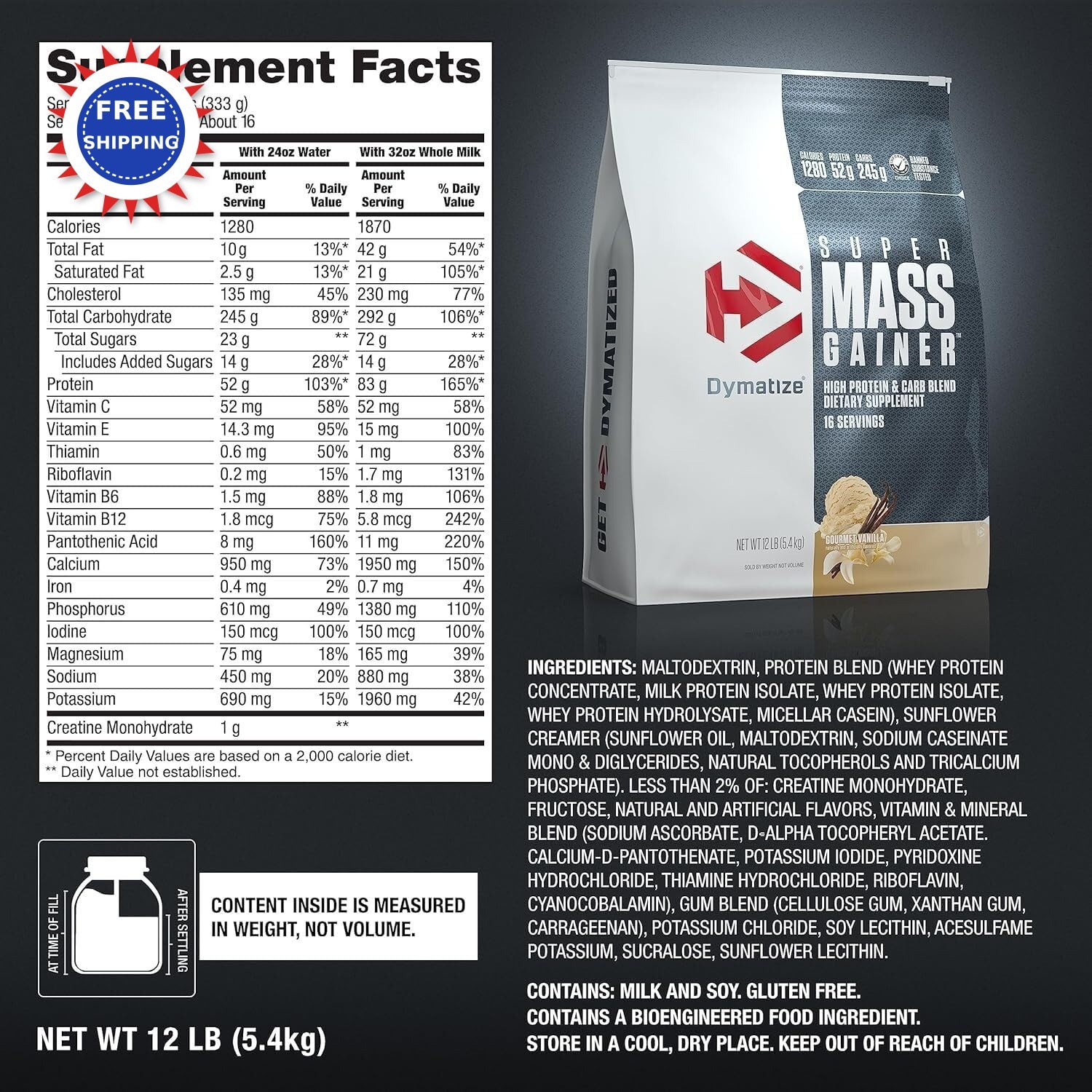 Dymatize Super Mass Gainer Protein Powder Gourmet Vanilla Creatine 1280 Calories