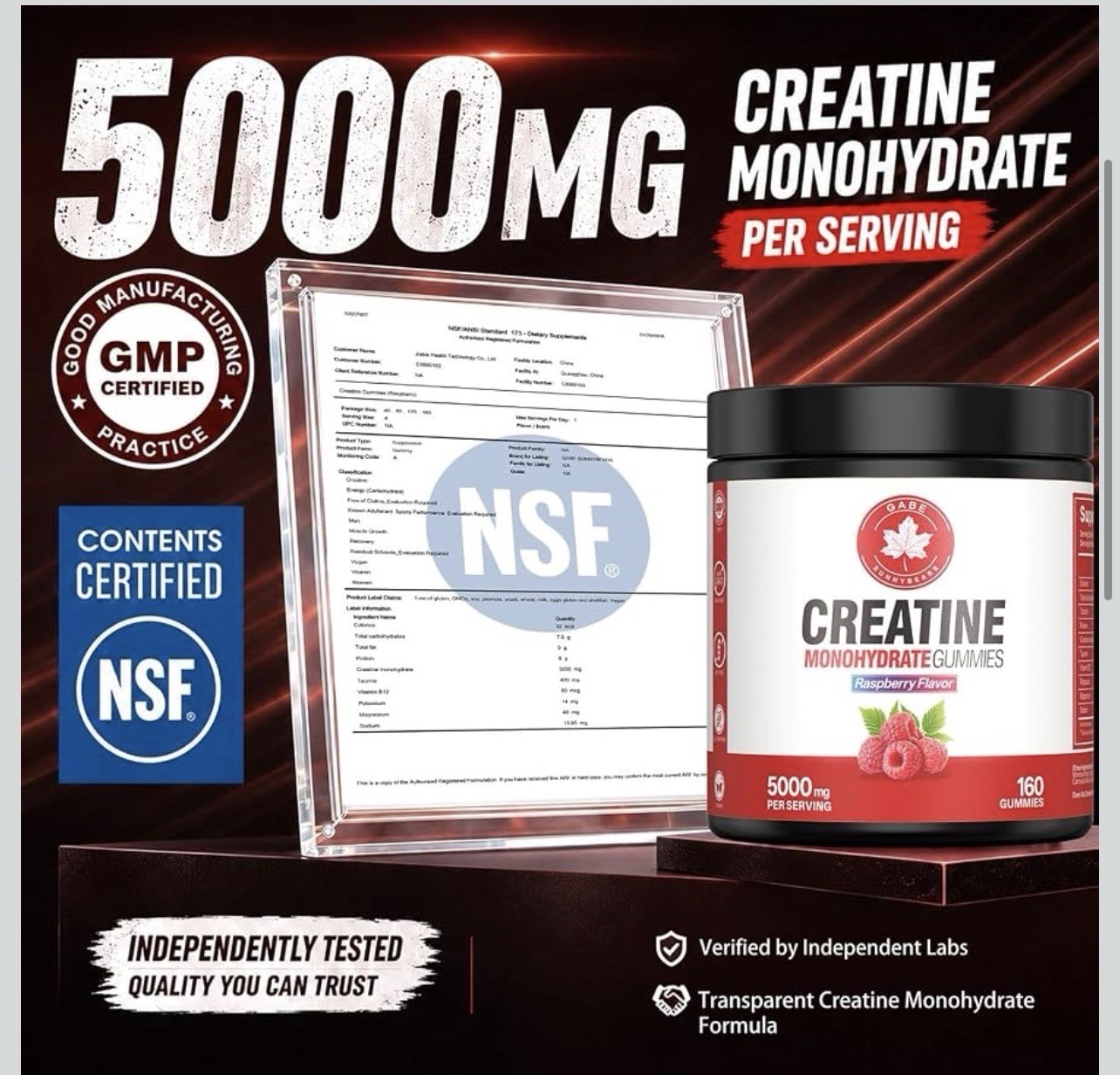 GABE Sunnybears Creatine Monohydrate Gummies NSF/GMP Vegan Raspberry 160