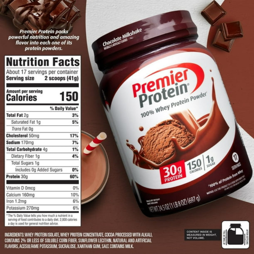 Premier Protein 100% Whey Protein Powder, Chocolate Milkshake, 30g Protein, 24.5