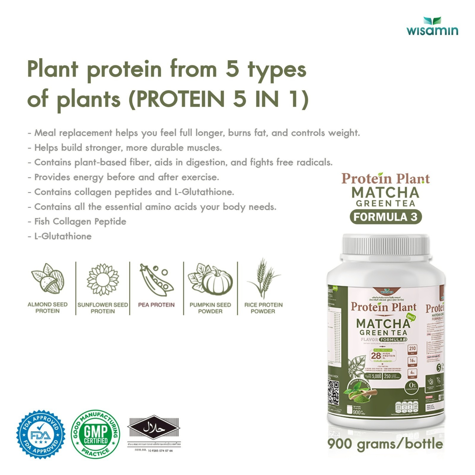 WISAMIN Plant Protein Matcha Flavor F3 | 900g 2LB | Organic, Gluten-Free Non-GMO