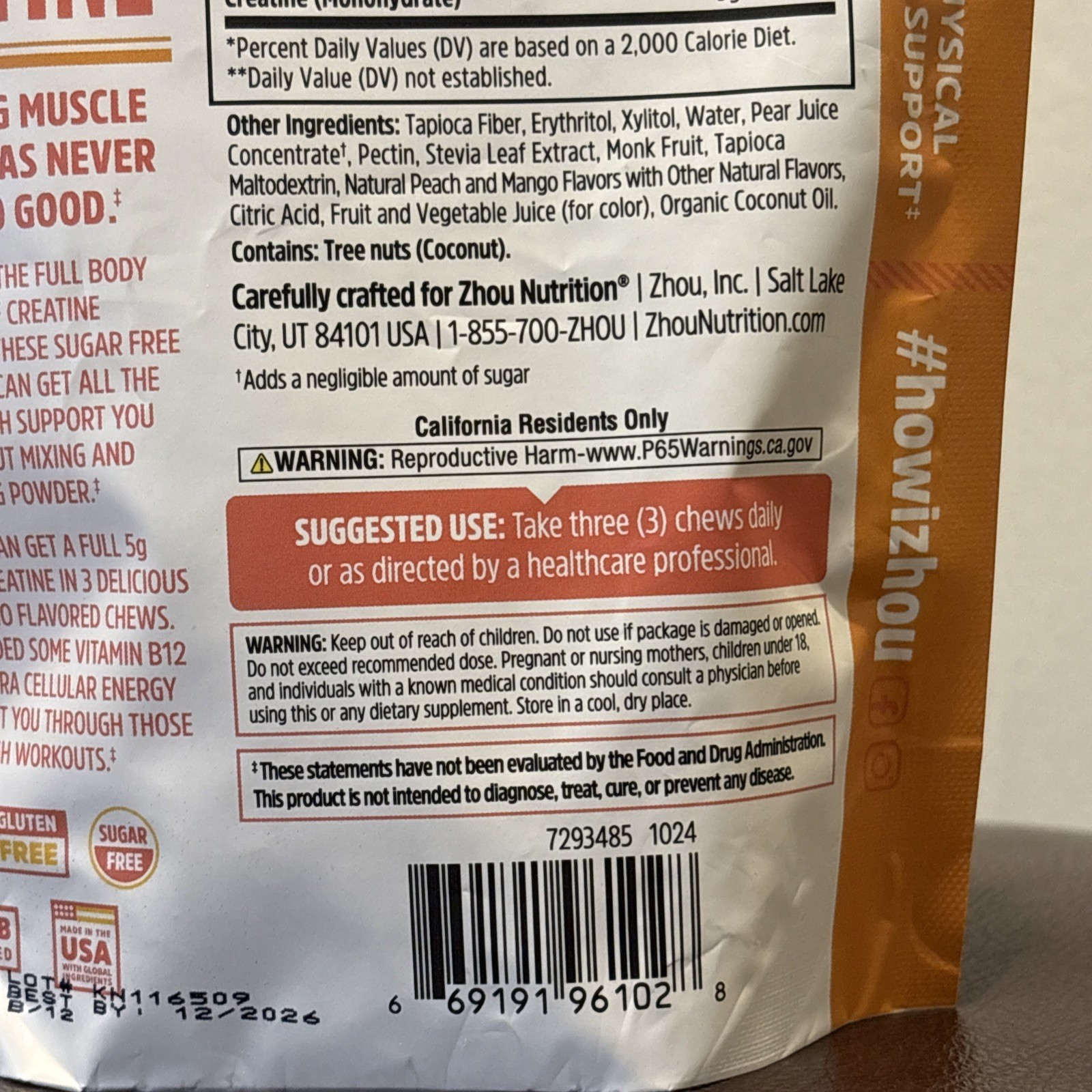 Zhou, Creatine Chews, Muscle Growth Support, Peach Mango, 60 Chews, EXP 12/2026