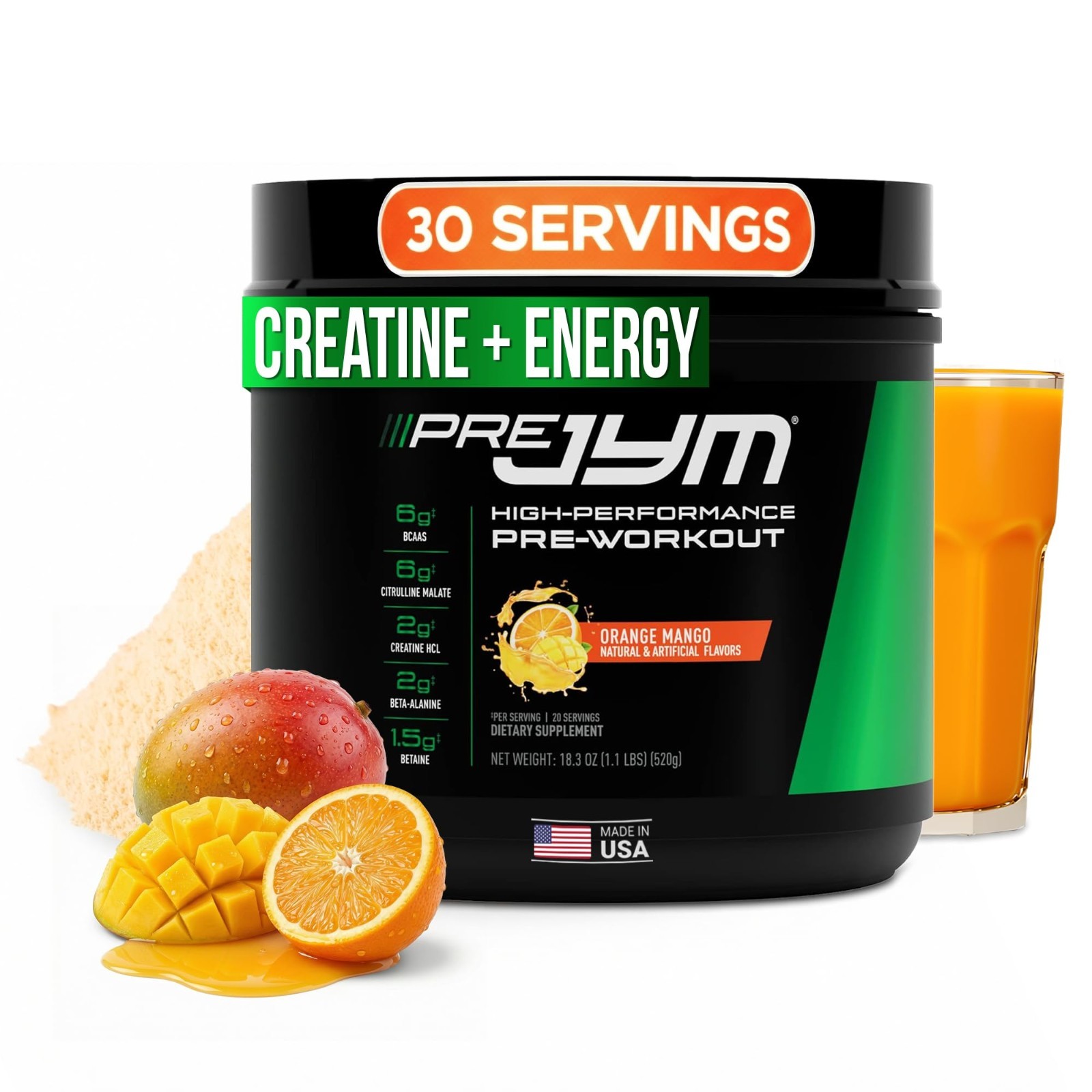 Pre-Workout Supplement 30 Servings – Orange Mango Flavor, Energy & Focus Boost