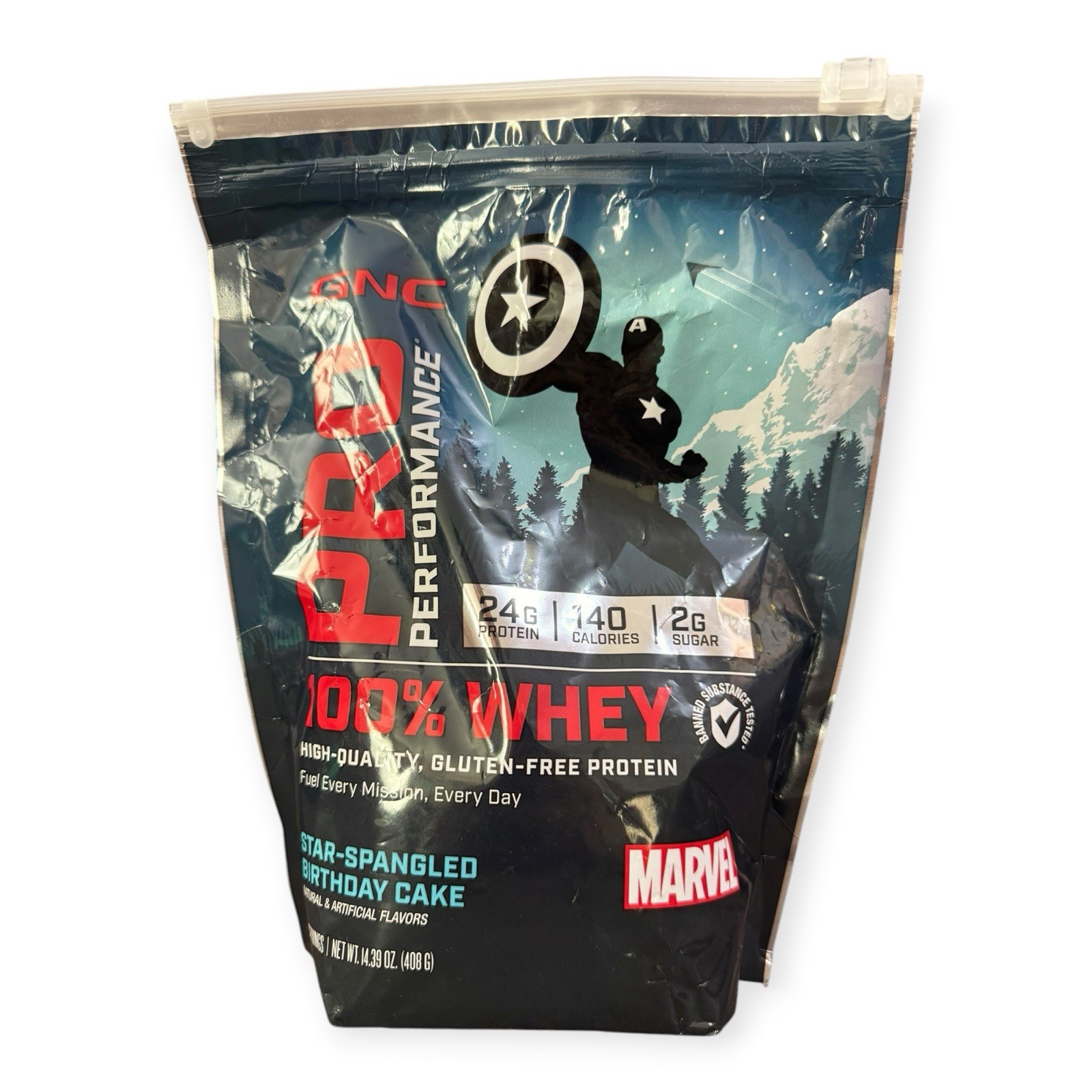 GNC Pro 100% Whey Protein Marvel Star Spangled Birthday Cake. **NEW** EXP 6/2027
