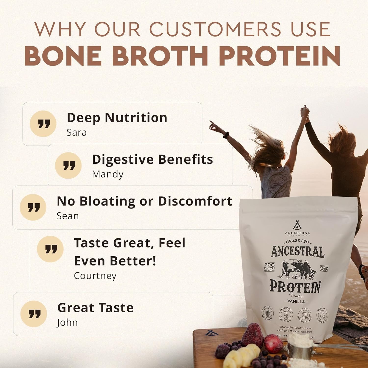 Ancestral Supplements Grass Fed Beef Bone Broth Protein Powder Vanilla 30 Serv